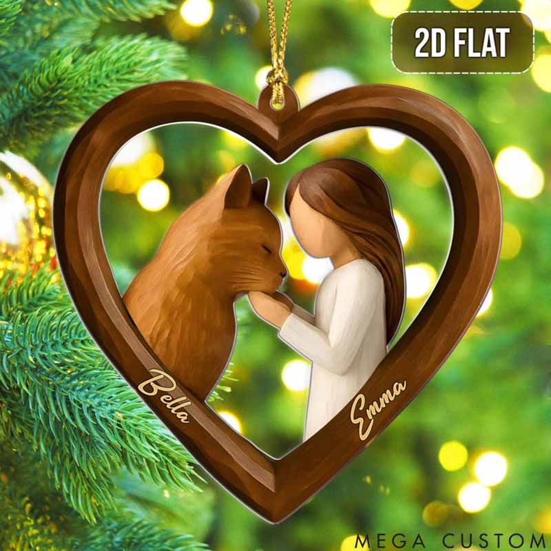 Personalized Cat Lover Girl and Cat in Heart Christmas Ornament