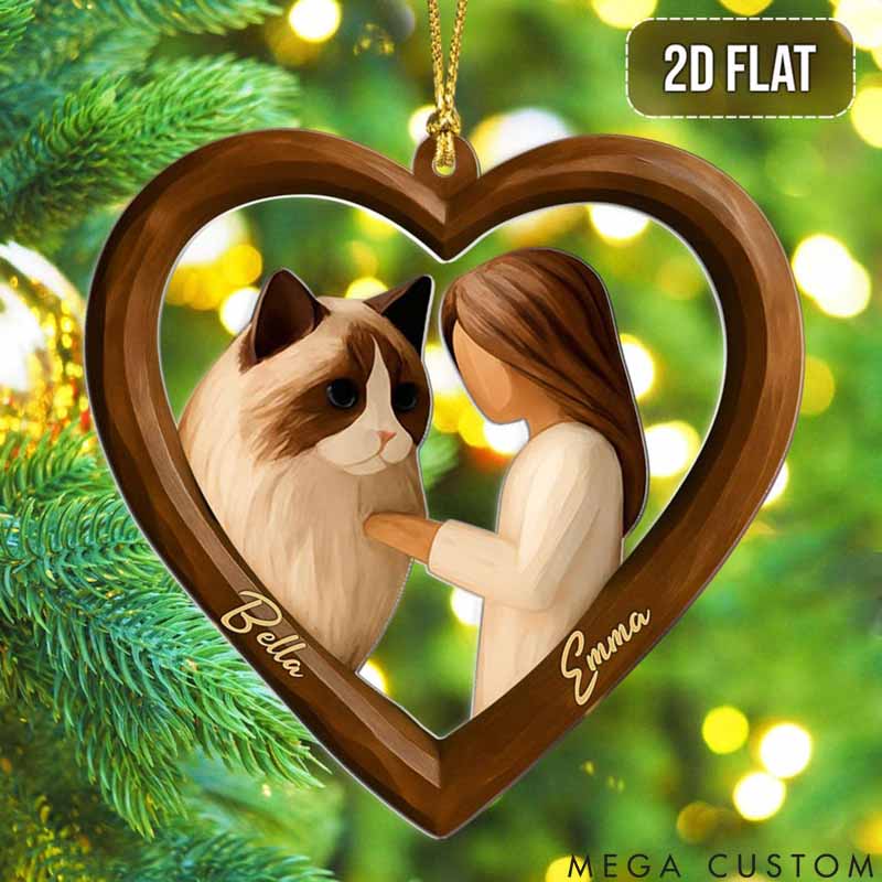 Personalized Cat Lover Girl and Cat in Heart Christmas Ornament