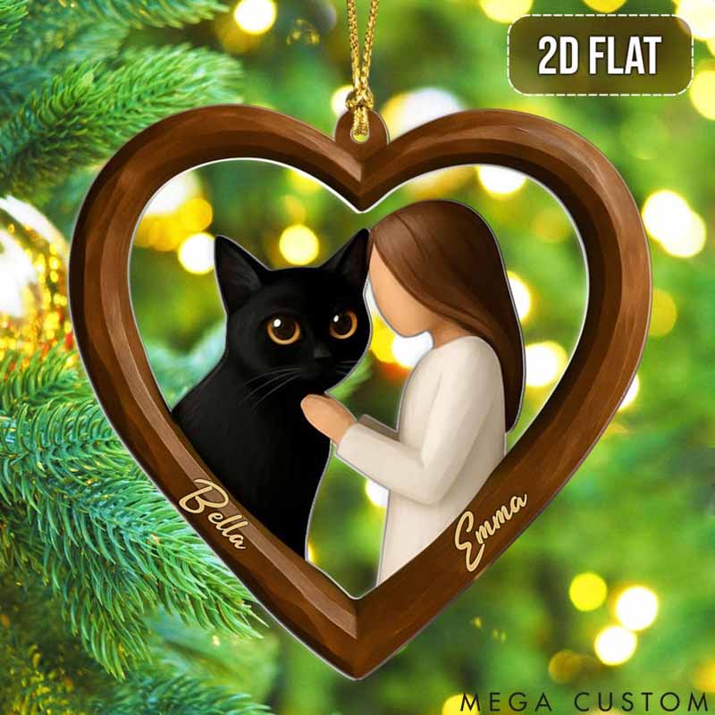 Personalized Cat Lover Girl and Cat in Heart Christmas Ornament