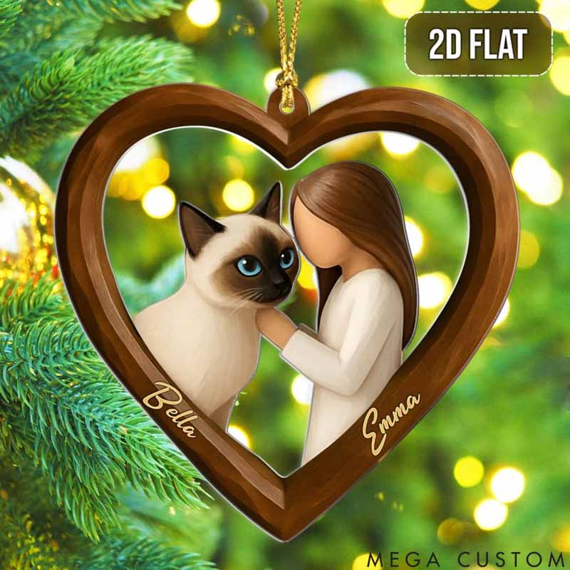 Personalized Cat Lover Girl and Cat in Heart Christmas Ornament