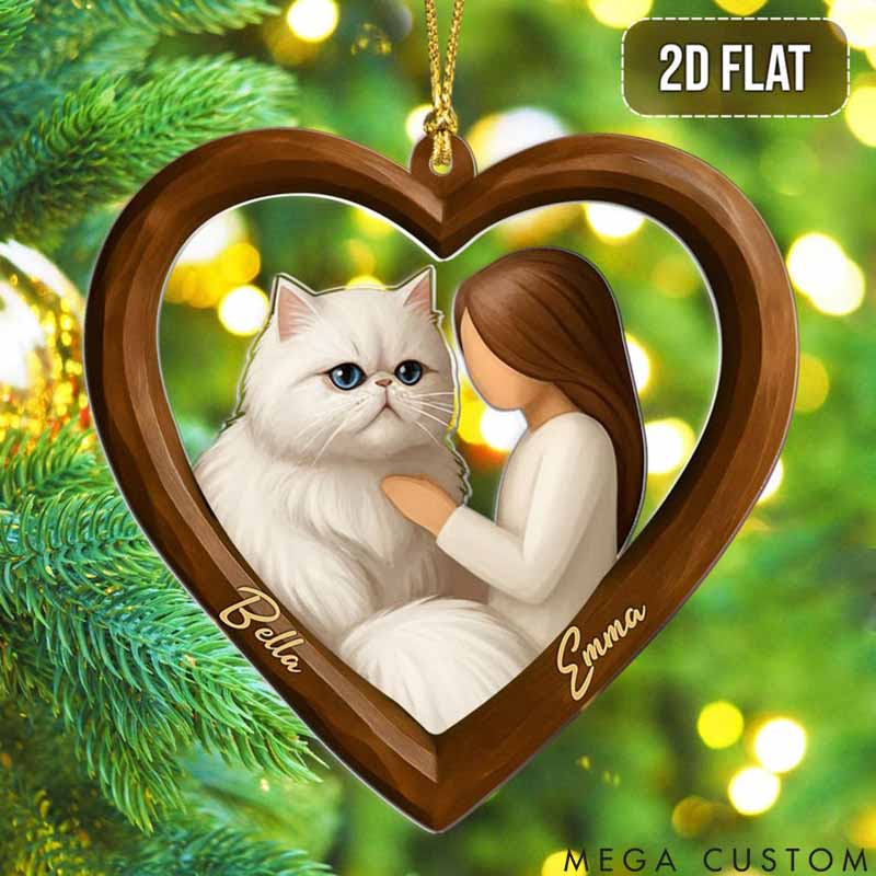 Personalized Cat Lover Girl and Cat in Heart Christmas Ornament