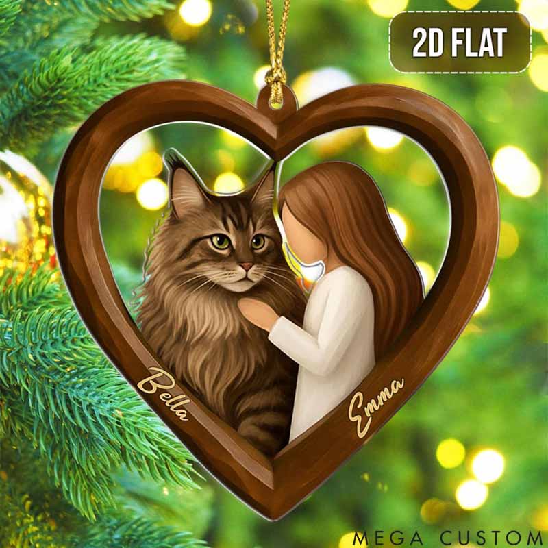 Personalized Cat Lover Girl and Cat in Heart Christmas Ornament