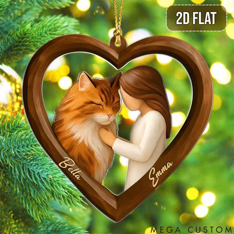 Personalized Cat Lover Girl and Cat in Heart Christmas Ornament
