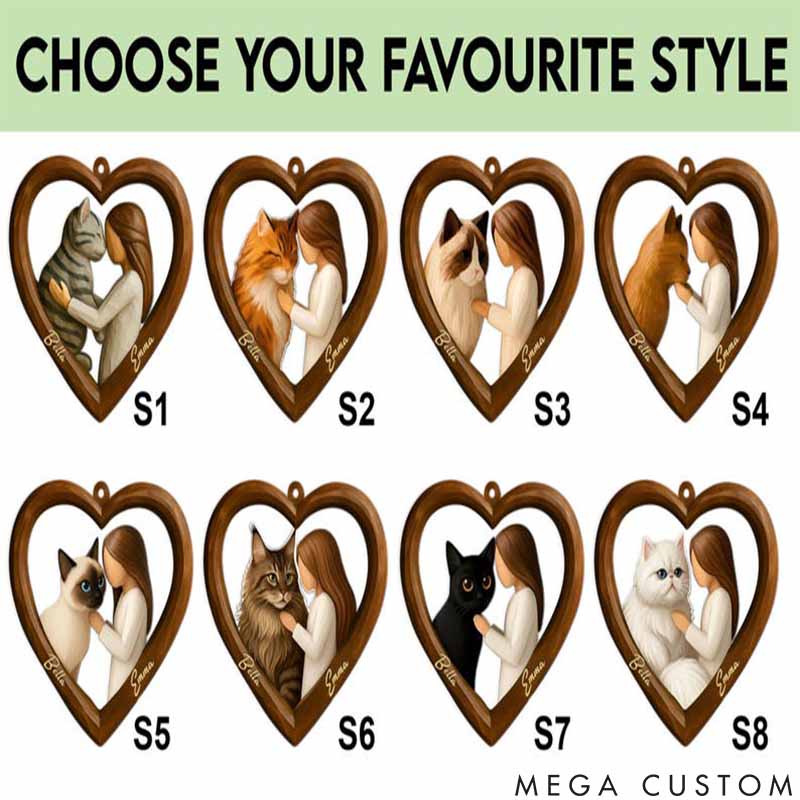 Personalized Cat Lover Girl and Cat in Heart Christmas Ornament