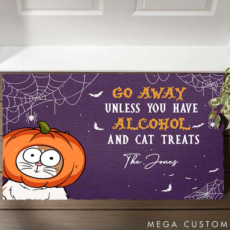 Personalized Cat Lover Go Away Unless You Brought Alcohol and Cat Treats Halloween Vibes Doormat