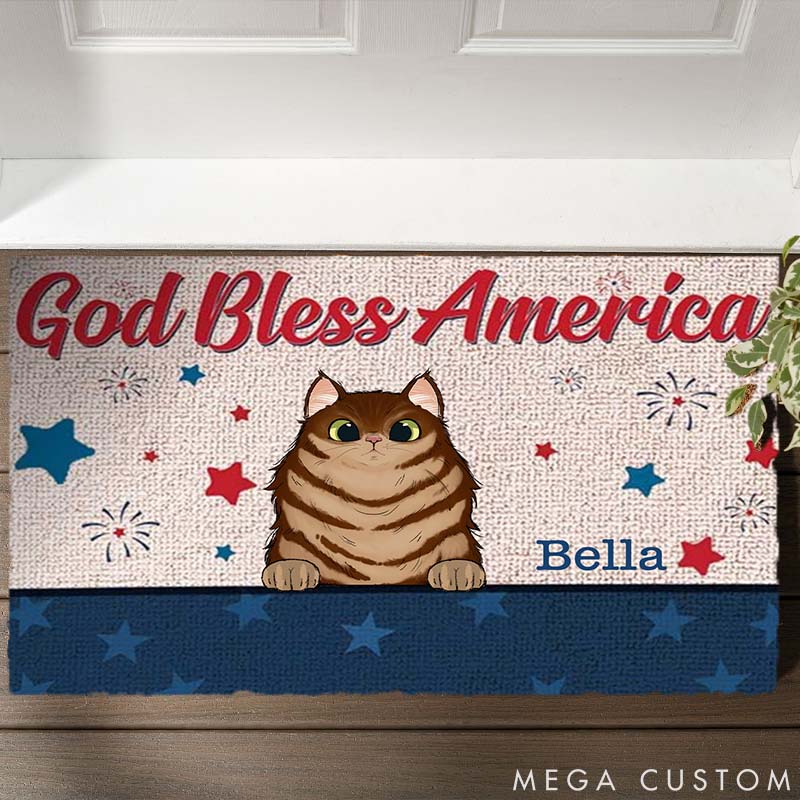 Personalized Cat Lover God Bless America Customized Text  Doormat