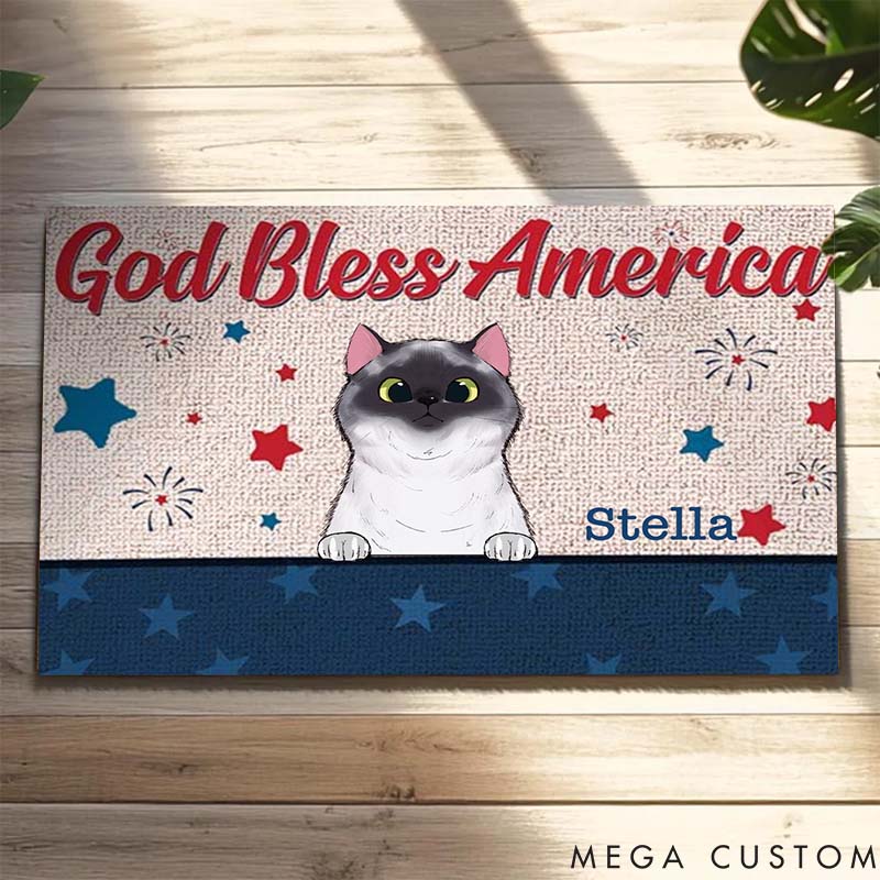 Personalized Cat Lover God Bless America Customized Text  Doormat
