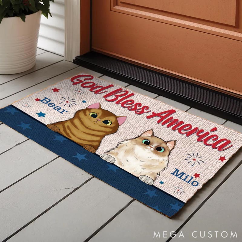 Personalized Cat Lover God Bless America Customized Text  Doormat