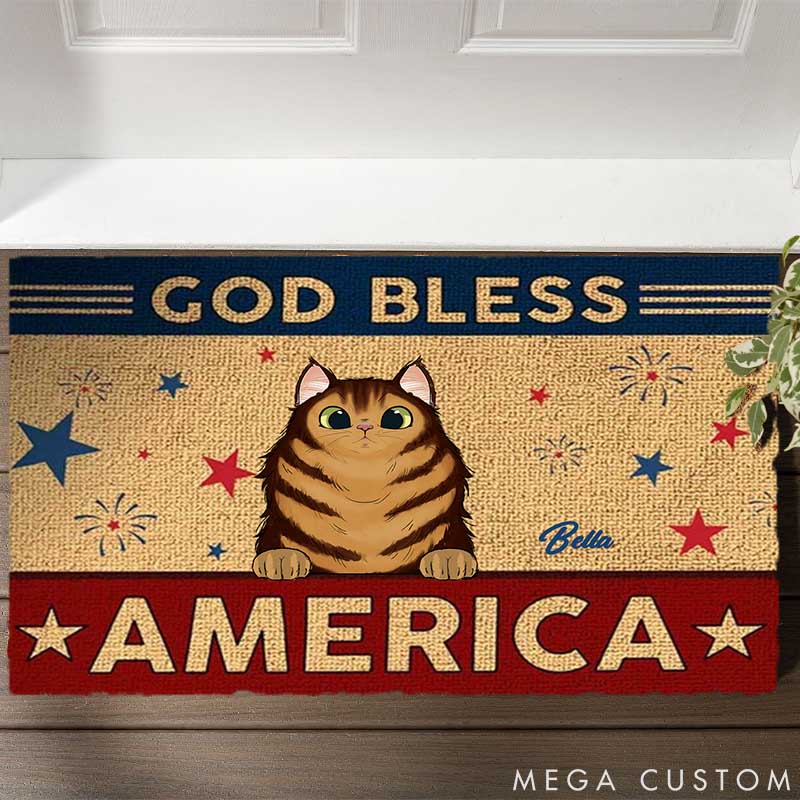 Personalized Cat Lover God Bless America Doormat