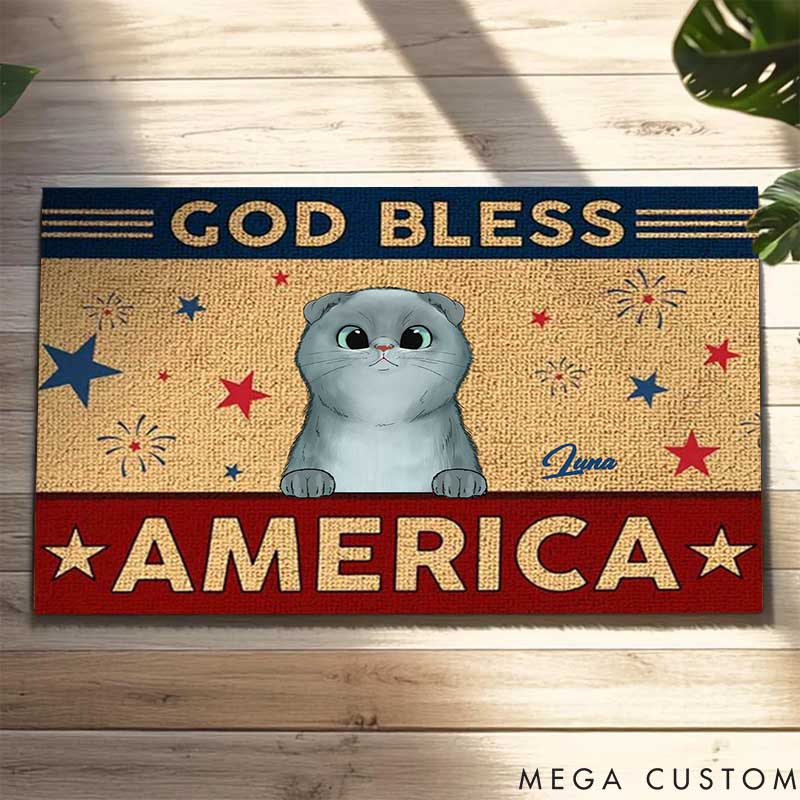 Personalized Cat Lover God Bless America Doormat