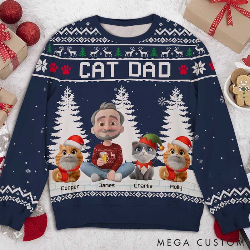 Personalized Cat Lover Happy Christmas with My Dad Cartoon Ugly Sweatshirt