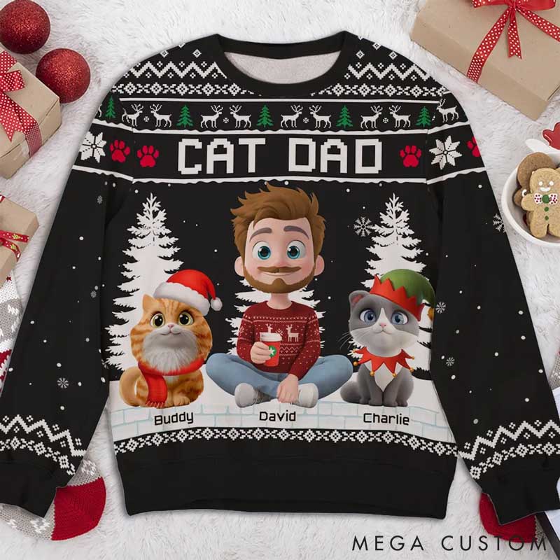 Personalized Cat Lover Happy Christmas with My Dad Cartoon Ugly Sweatshirt
