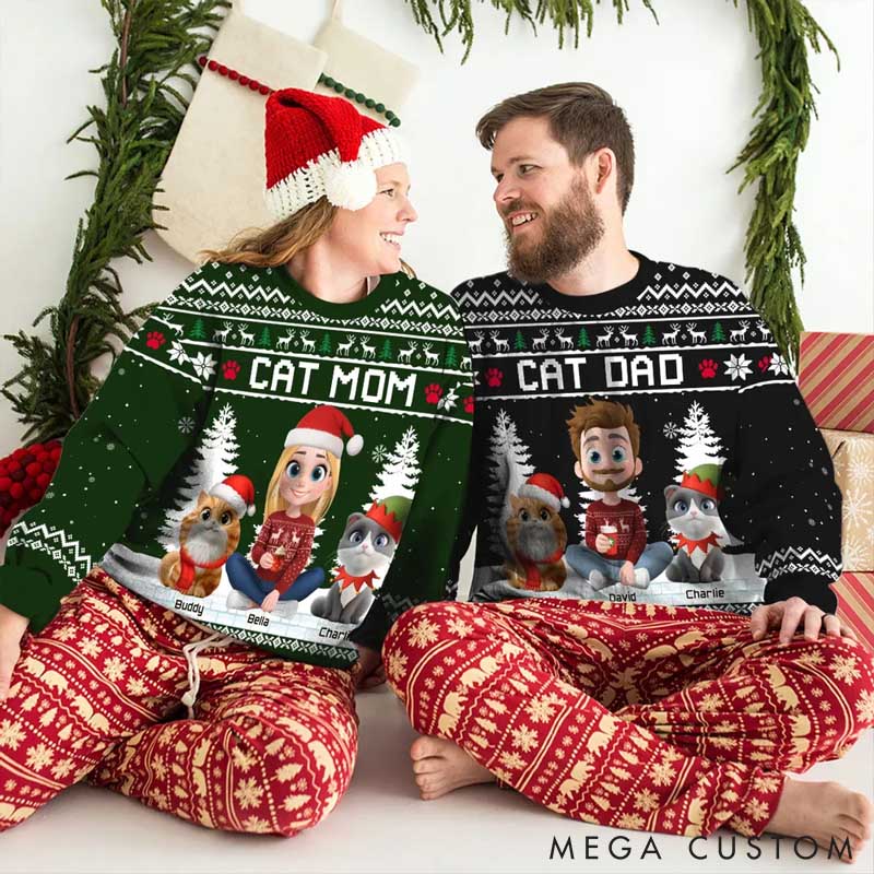 Personalized Cat Lover Happy Christmas with My Mom Cartoon Ugly Sweatshirt