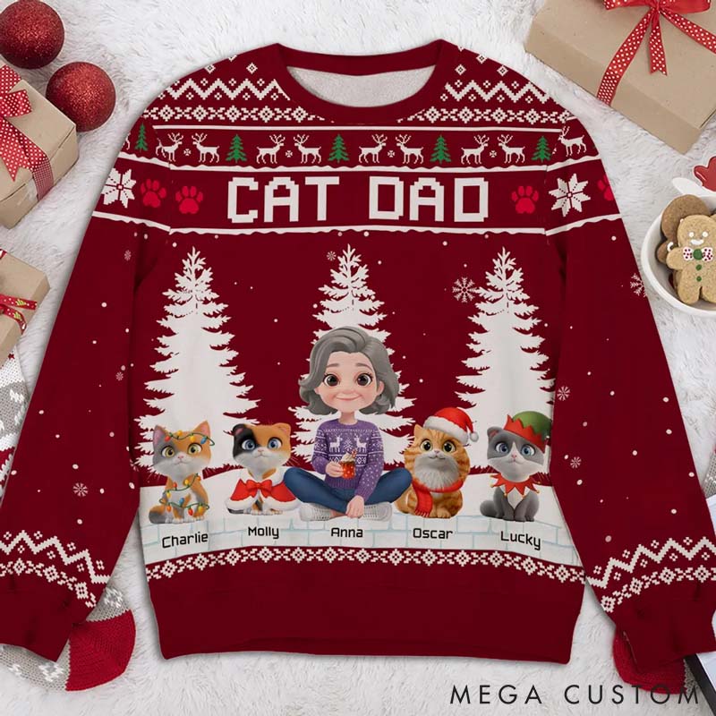 Personalized Cat Lover Happy Christmas with My Mom Cartoon Ugly Sweatshirt