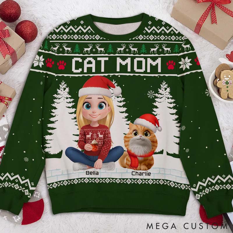Personalized Cat Lover Happy Christmas with My Mom Cartoon Ugly Sweatshirt