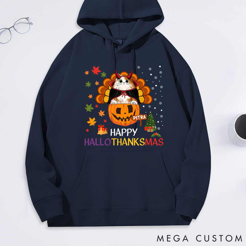 Personalized Cat Lover Happy Hallothanksmas with Cat Classic Hoodies