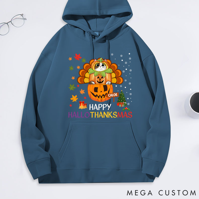 Personalized Cat Lover Happy Hallothanksmas with Cat Classic Hoodies