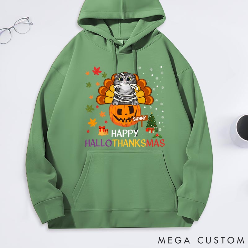 Personalized Cat Lover Happy Hallothanksmas with Cat Classic Hoodies