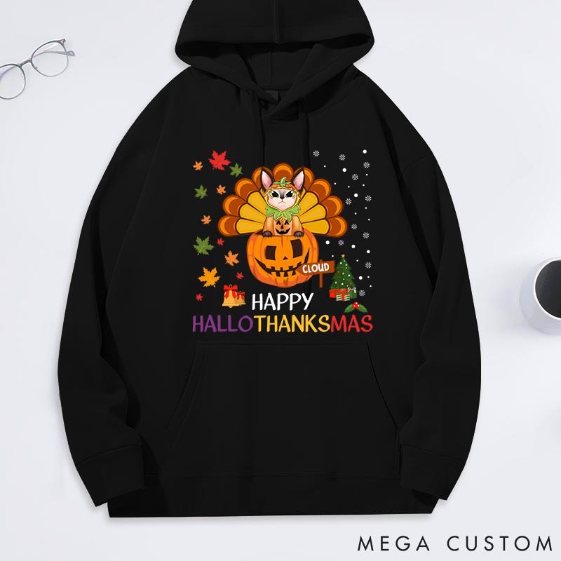 Personalized Cat Lover Happy Hallothanksmas with Cat Classic Hoodies