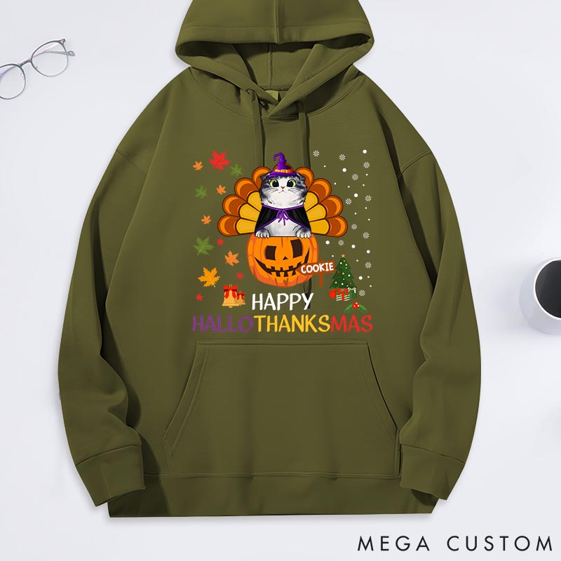 Personalized Cat Lover Happy Hallothanksmas with Cat Classic Hoodies