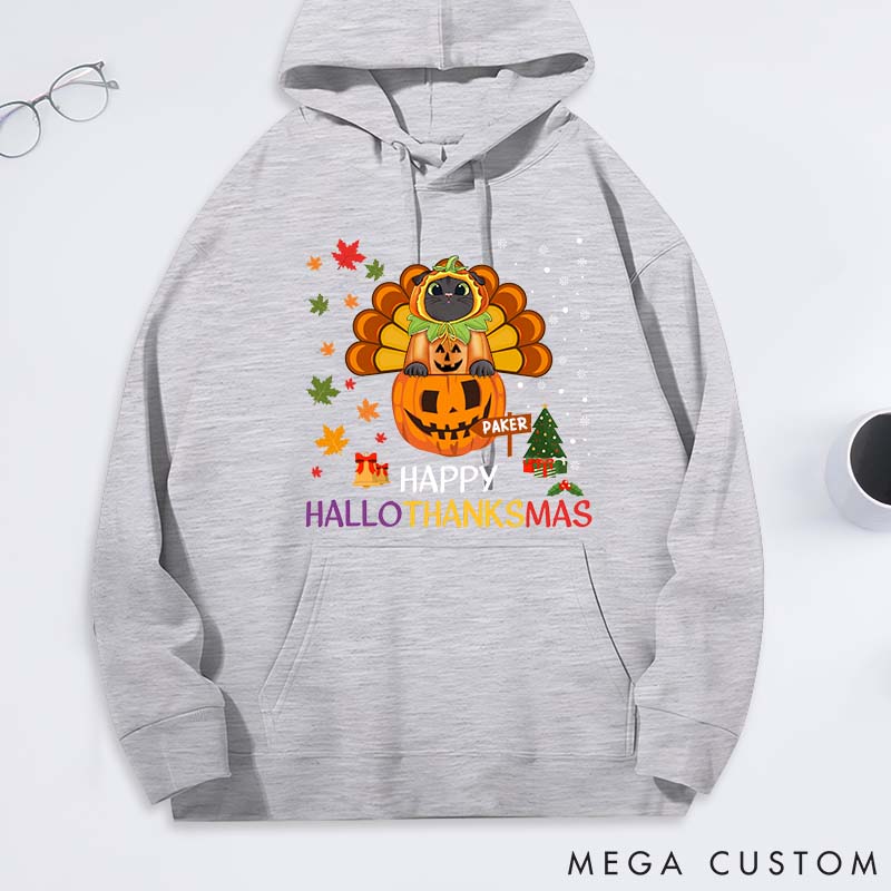 Personalized Cat Lover Happy Hallothanksmas with Cat Classic Hoodies