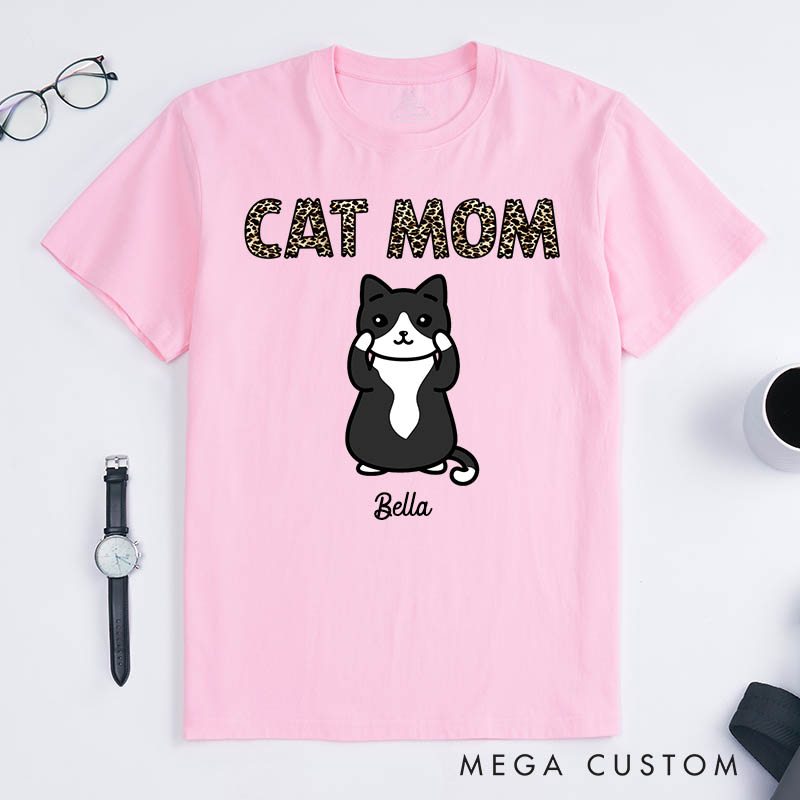 Personalized Cat Lover Leopard Print Cat Mom T-Shirt
