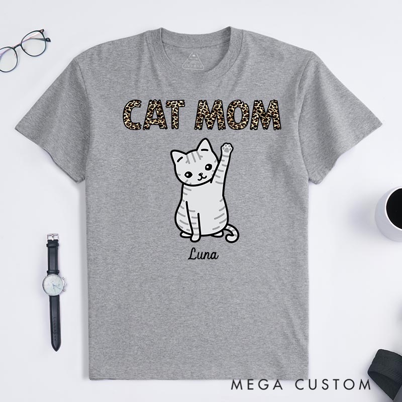 Personalized Cat Lover Leopard Print Cat Mom T-Shirt