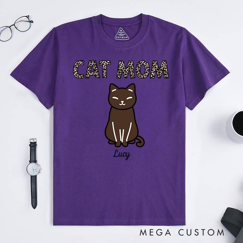 Personalized Cat Lover Leopard Print Cat Mom T-Shirt