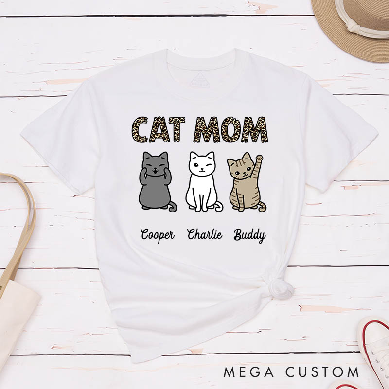 Personalized Cat Lover Leopard Print Cat Mom T-Shirt