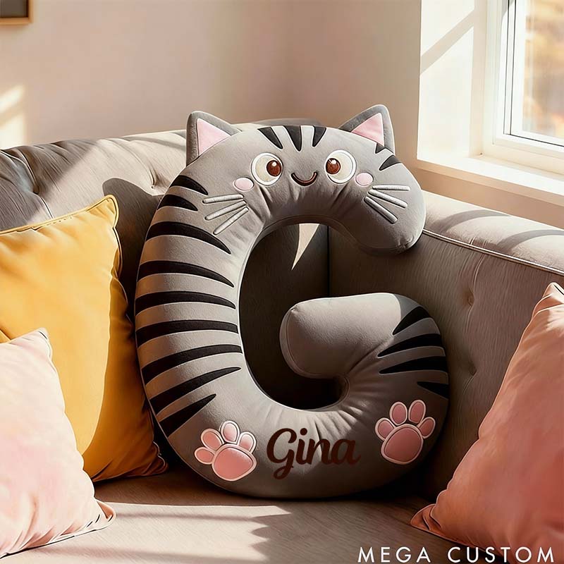 Personalized Cat Lover Letter Pillow with Custom Name Design Ver Gray Tabby Graphic 3D Print