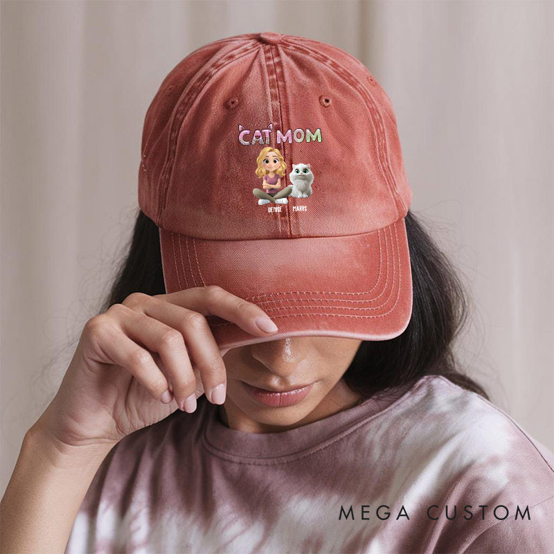 Personalized Cat Lover Lovely Chibi Cat Mom Cartoon Washed Cap