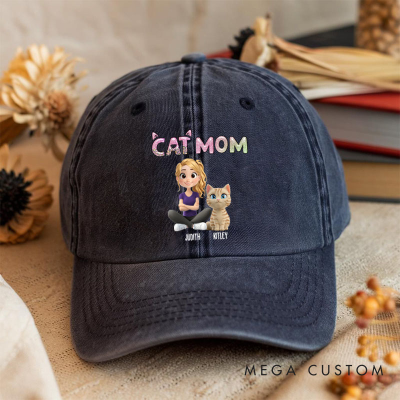 Personalized Cat Lover Lovely Chibi Cat Mom Cartoon Washed Cap
