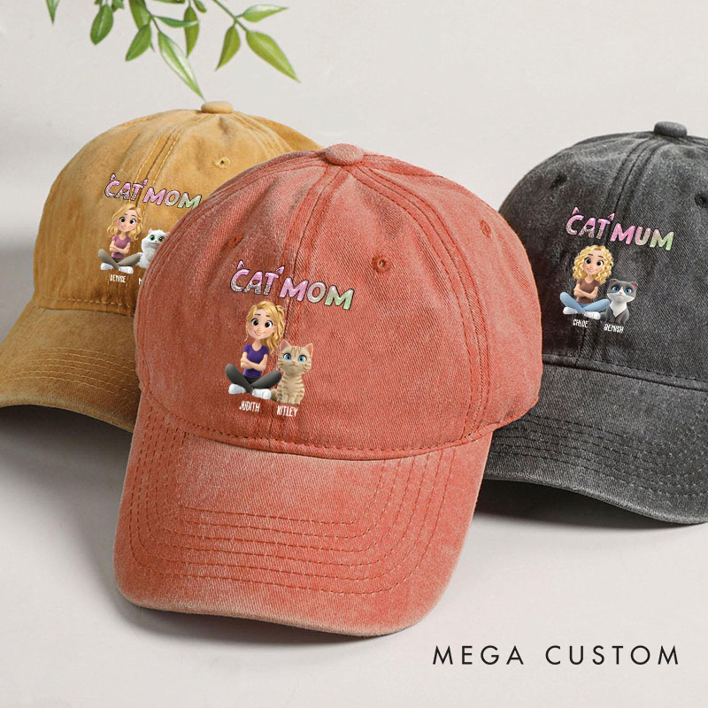 Personalized Cat Lover Lovely Chibi Cat Mom Cartoon Washed Cap