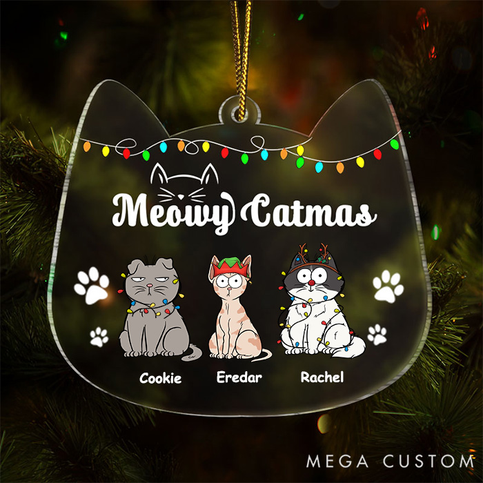 Personalized Cat Lover Meowy Catmas Funny Cartoon Cats Christmas Ornament