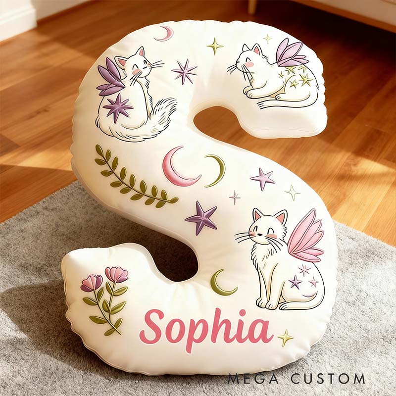 Personalized Cat Lover Mystical Cats with Wings Letter Pillow with Custom Name Graphic 3D Print
