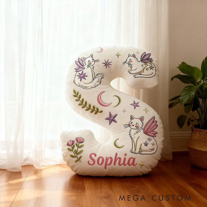 Personalized Cat Lover Mystical Cats with Wings Letter Pillow with Custom Name Graphic 3D Print
