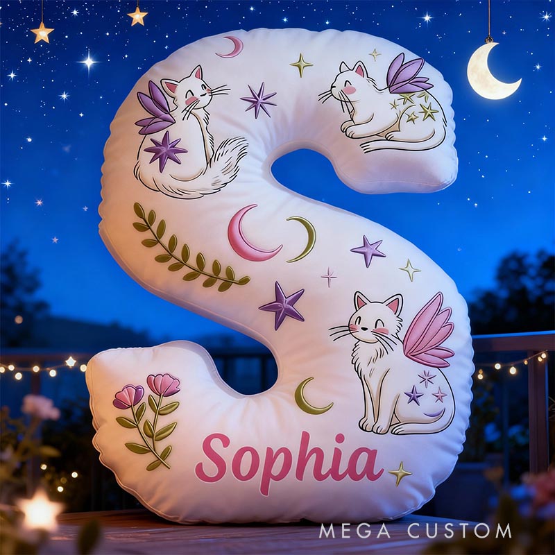 Personalized Cat Lover Mystical Cats with Wings Letter Pillow with Custom Name Graphic 3D Print