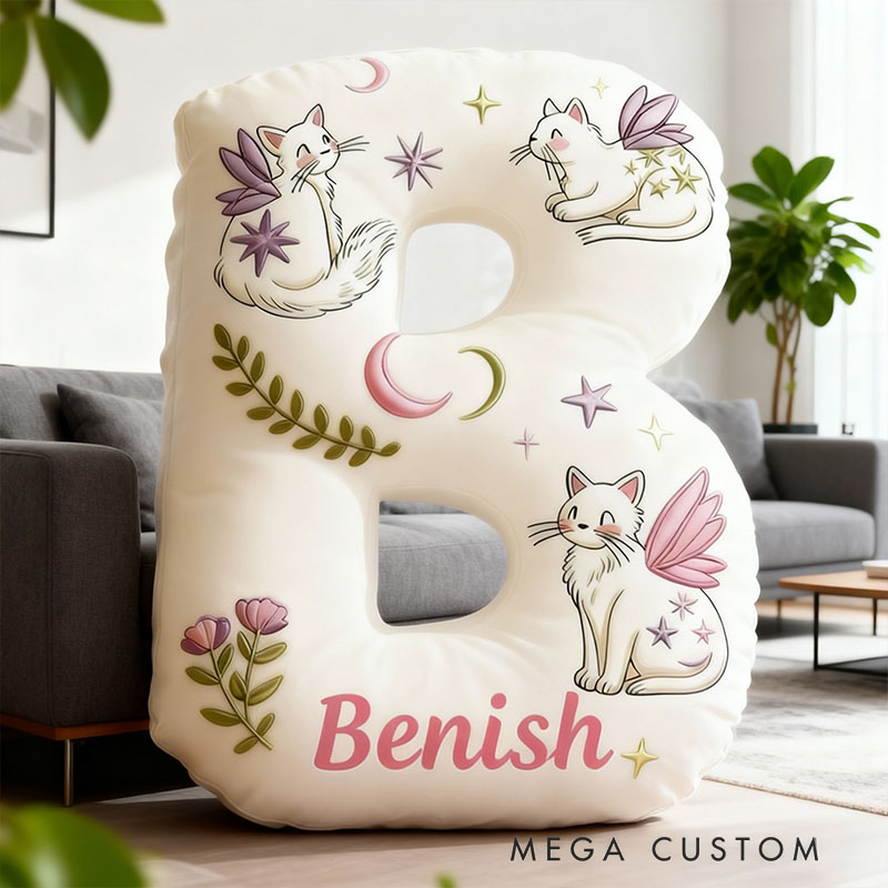 Personalized Cat Lover Mystical Cats with Wings Letter Pillow with Custom Name Graphic 3D Print