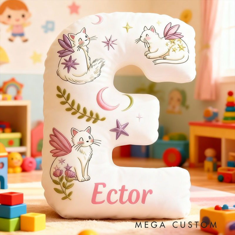 Personalized Cat Lover Mystical Cats with Wings Letter Pillow with Custom Name Graphic 3D Print