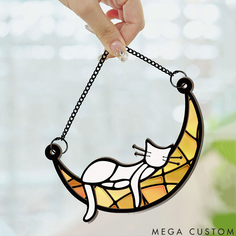 Personalized Cat Lover Sleeping Cat on Moon Suncatcher
