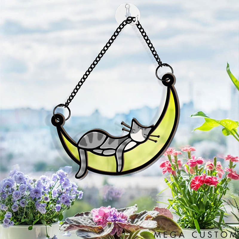 Personalized Cat Lover Sleeping Cat on Moon Suncatcher