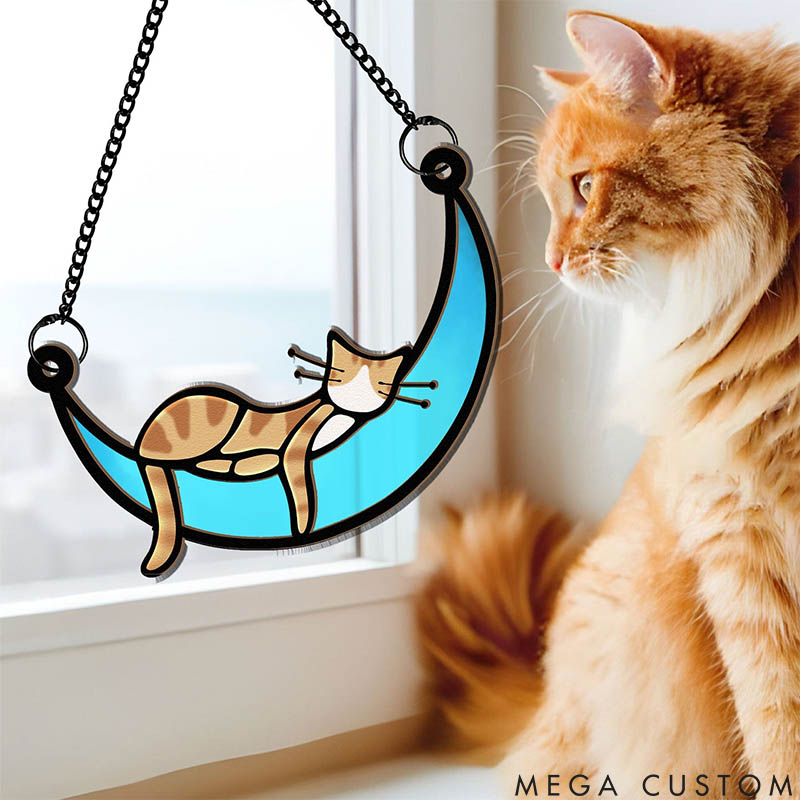 Personalized Cat Lover Sleeping Cat on Moon Suncatcher
