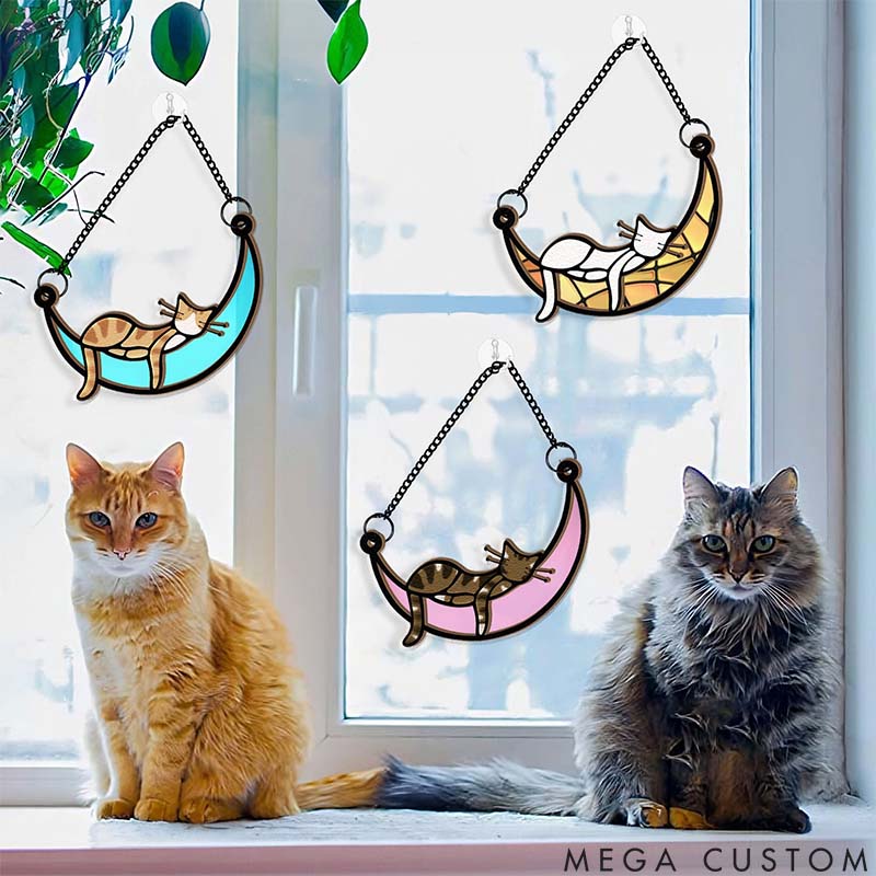 Personalized Cat Lover Sleeping Cat on Moon Suncatcher
