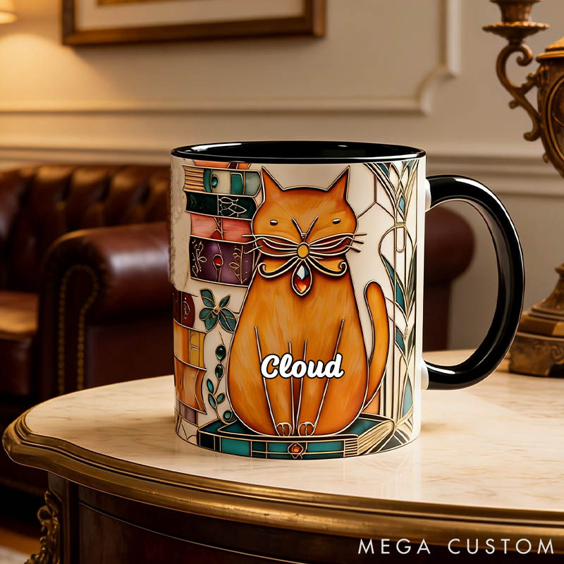 Personalized Cat Lover Stained Glass Look Cat Mug Book Lover Ceramic Coffee Cup