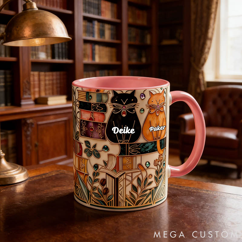 Personalized Cat Lover Stained Glass Look Cat Mug Book Lover Ceramic Coffee Cup