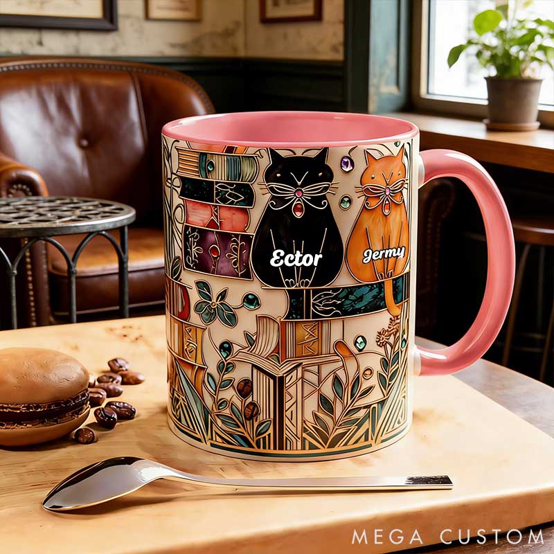 Personalized Cat Lover Stained Glass Look Cat Mug Book Lover Ceramic Coffee Cup