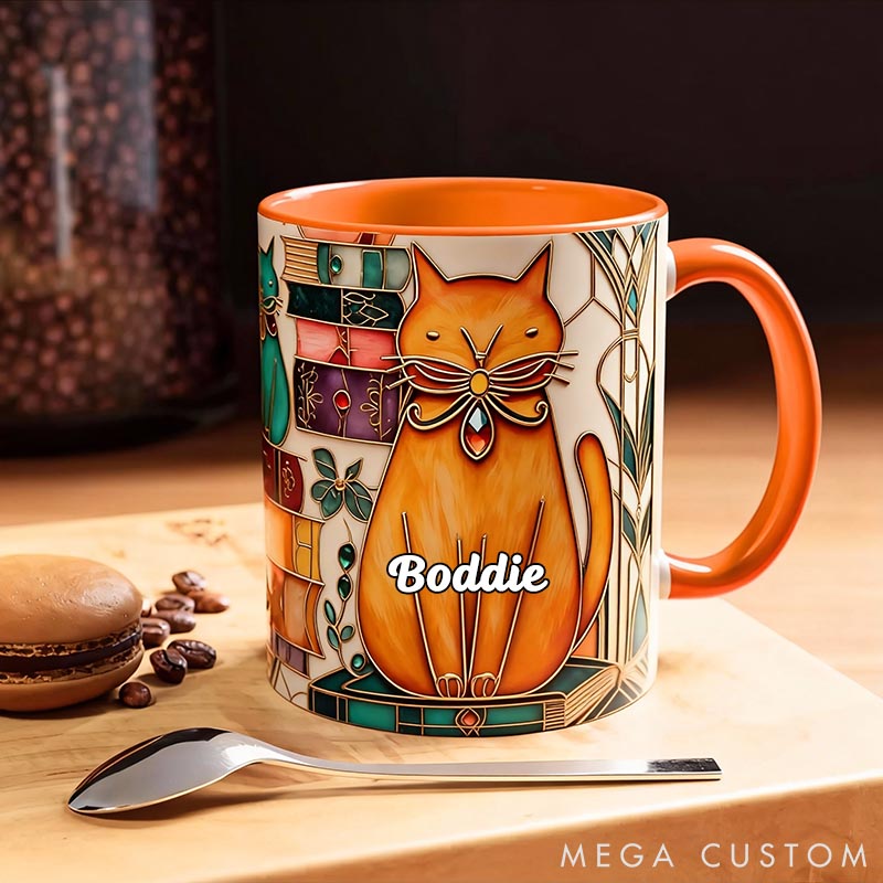Personalized Cat Lover Stained Glass Look Cat Mug Book Lover Ceramic Coffee Cup