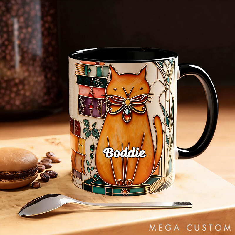 Personalized Cat Lover Stained Glass Look Cat Mug Book Lover Ceramic Coffee Cup