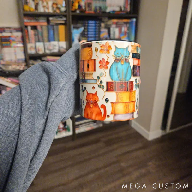 Personalized Cat Lover Stained Glass Look Cat Mug Book Lover Ceramic Coffee Cup Bookish Mug