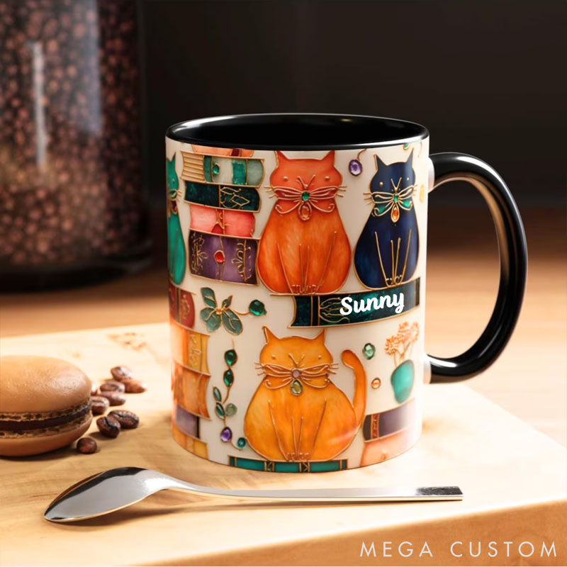 Personalized Cat Lover Stained Glass Look Cat Mug Book Lover Ceramic Coffee Cup Bookish Mug